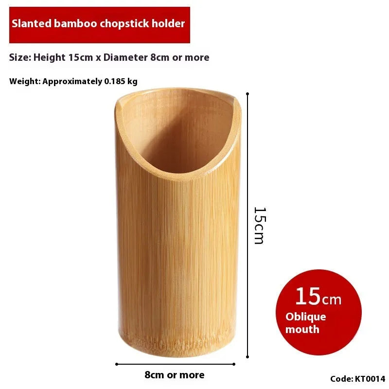 Wild bamboo chopsticks holder tube on a kitchen countertop.