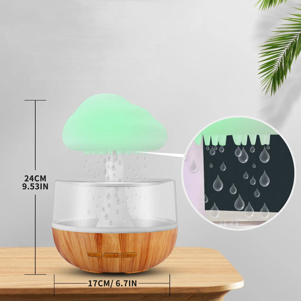 White raining cloud shaped humidifier with flowing water display and colourful LED lights