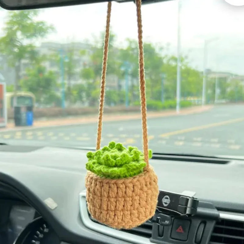 Green and white knitted car plant decoration with hanging rope on 8cm plastic base
