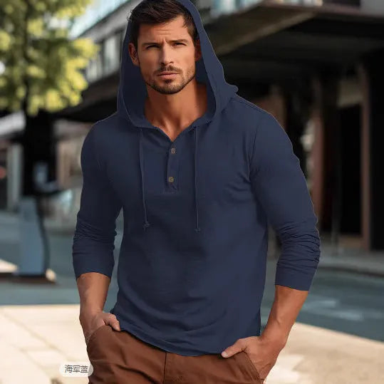 Cotton casual sports hoodie top in dark blue colour with pullover design and long sleeves