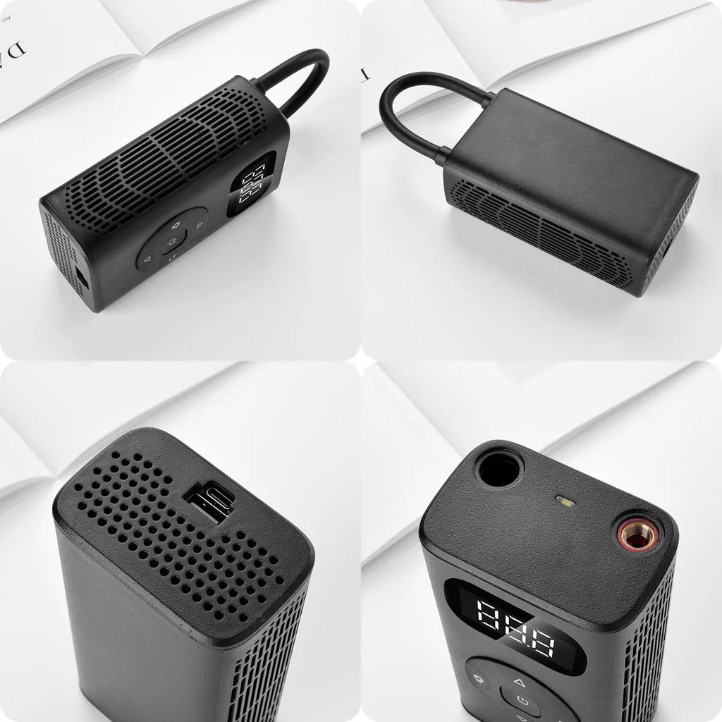 Black aviation aluminium portable electric air compressor and power bank with USB cable and inflatable tube.