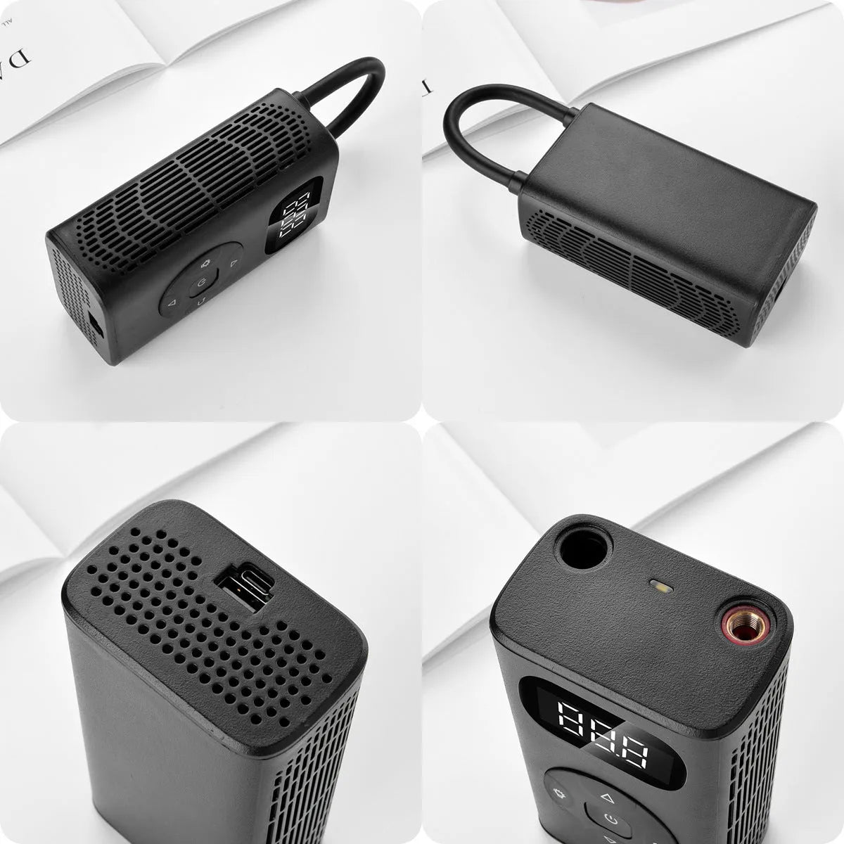 Black aviation aluminium portable electric air compressor and power bank with USB cable and inflatable tube.