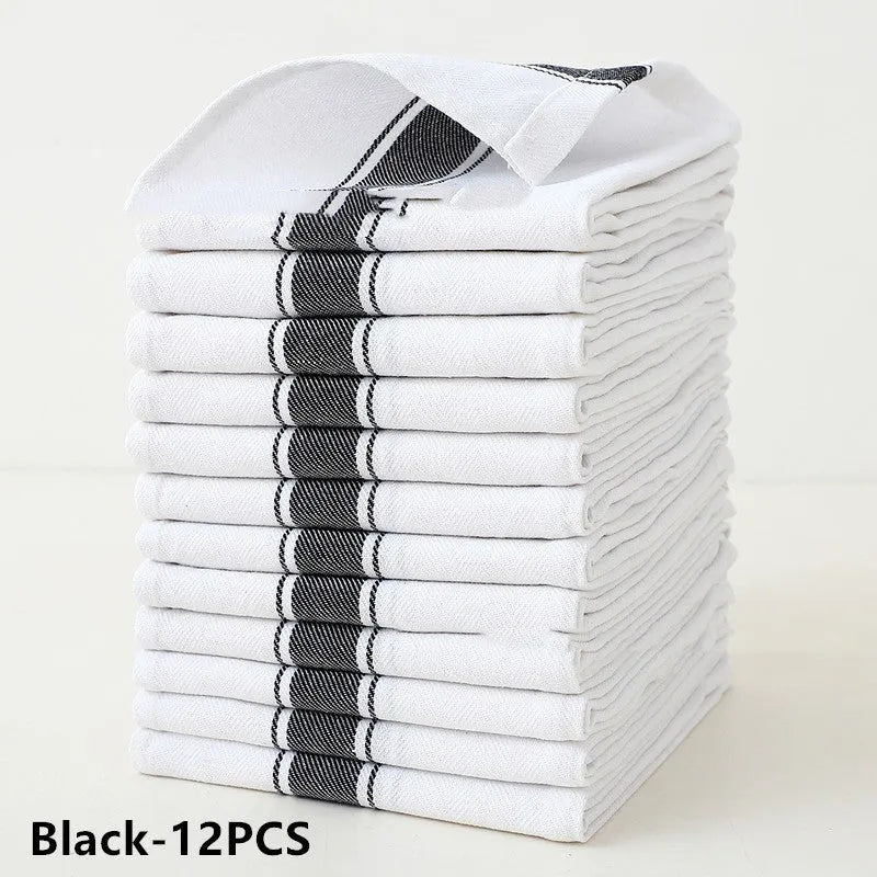 A stack of striped polyester-cotton dish towels in various colours, showing their 48x70cm size.