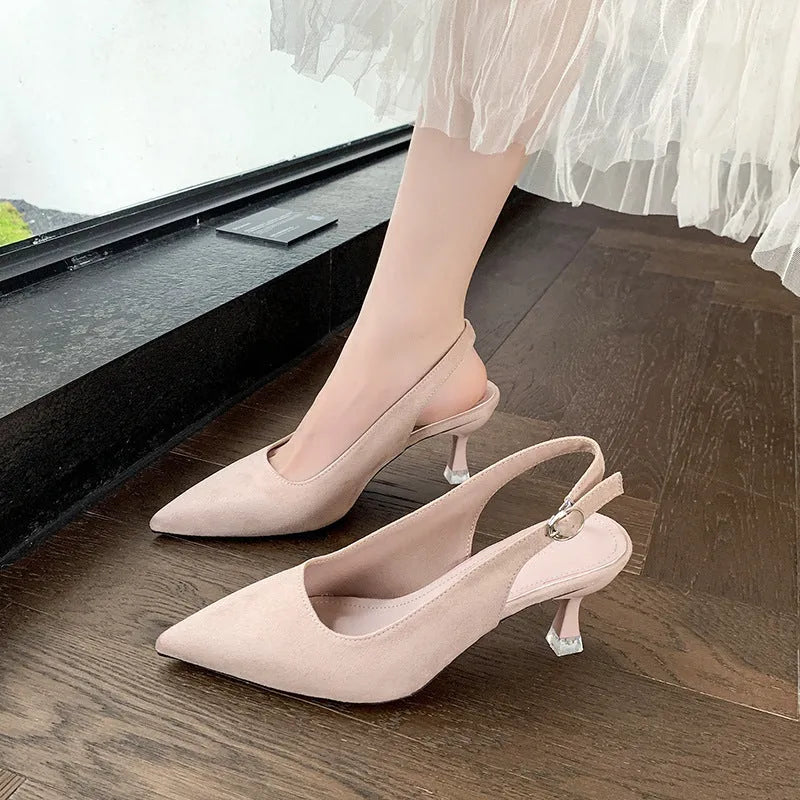 Women's pointed toe stiletto high heels in suede, shown in apricot, pink, sky blue, and yellow colours.