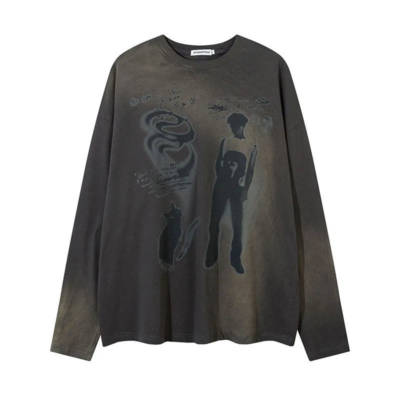 Dark grey women's loose cotton pullover top with long drop-shoulder sleeves and a graphic letter print.
