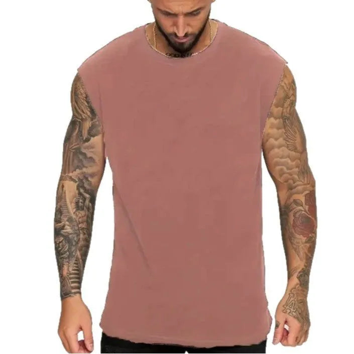 Men's loose solid colour cotton tank top on hanger showing straight hem design