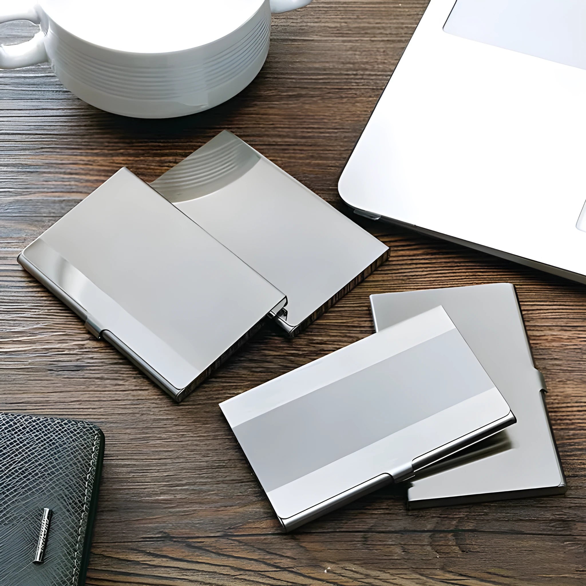 304 stainless steel laser sculpture business card case with geometric design measuring 92.5mm by 58mm
