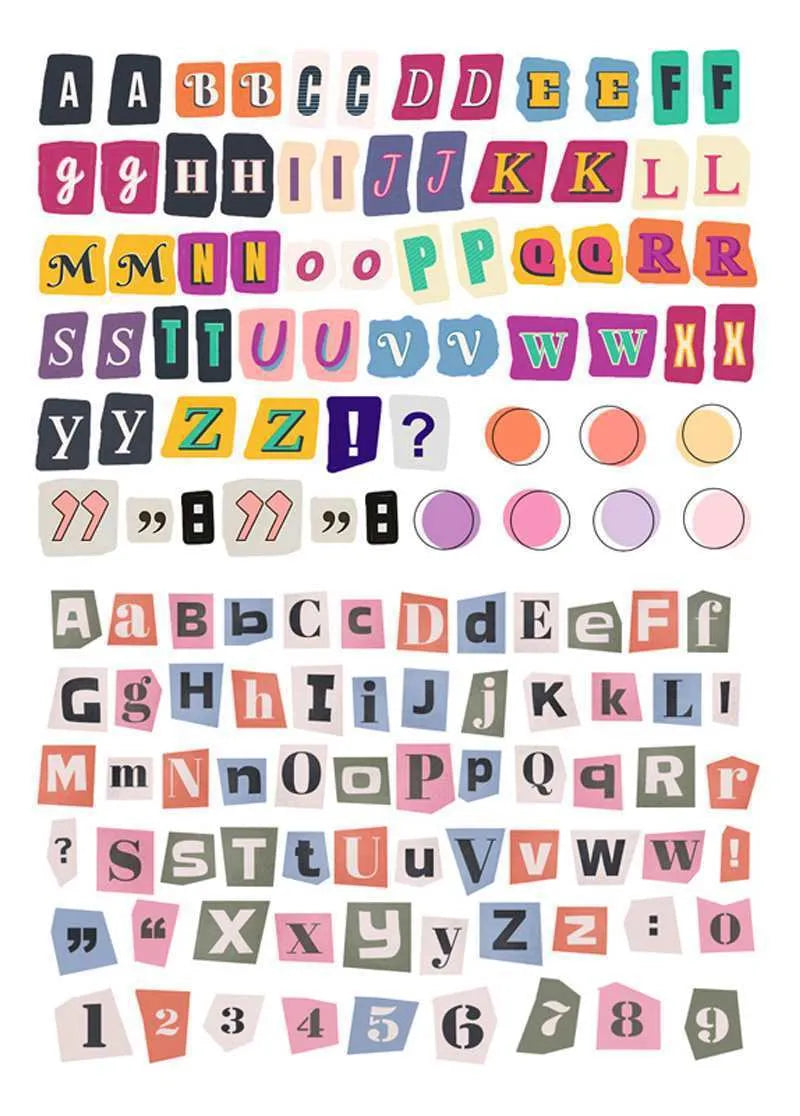 Set of printed vinyl decoration stickers showing English letters A, B, C, D, E and weekly words in a cute style.