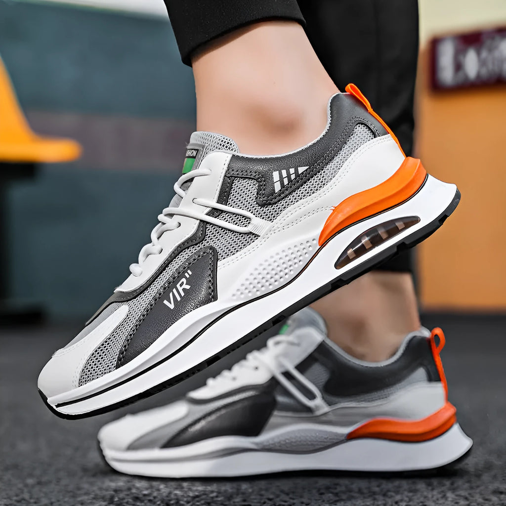 Men's grey mesh casual running shoes with round toe and middle-top design