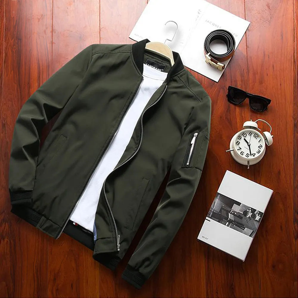 Men's slim fit casual jacket in a solid colour with a stand collar and side zippered pockets.