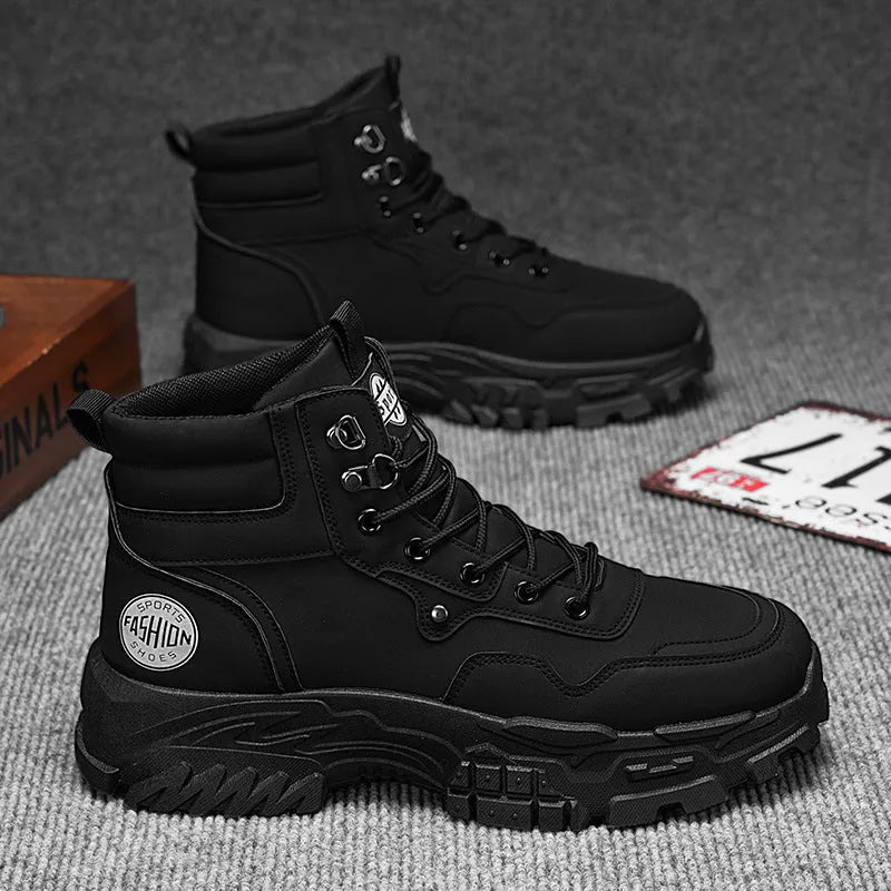 Men's black and yellow Martin boots with a mid-heel and high-top design.