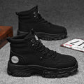 Men's black and yellow Martin boots with a mid-heel and high-top design.