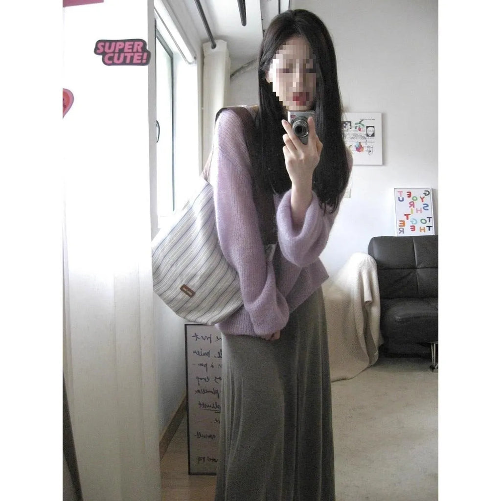 Women's purple ice silk blouse with princess sleeves and shoulder strap design