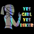 Cool Girl Rider character design car sticker in black, white, and laser colour options, 16cm by 15cm.