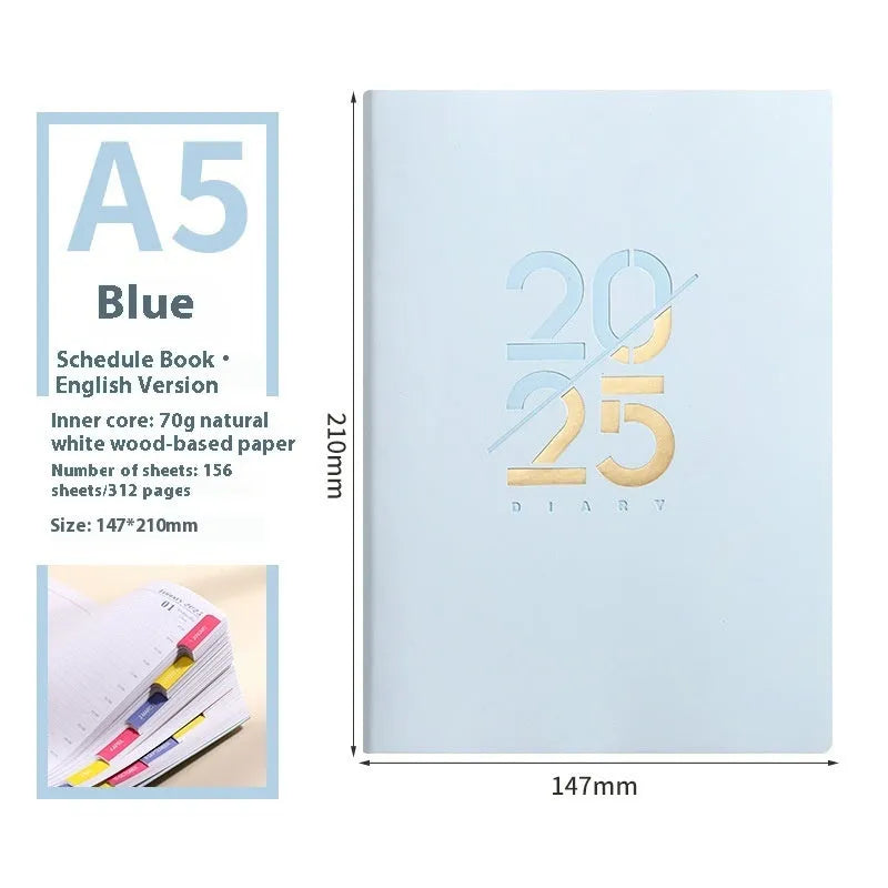 A5 daily planner with soft faux leather cover showing multiple colour options including pink yellow purple blue green