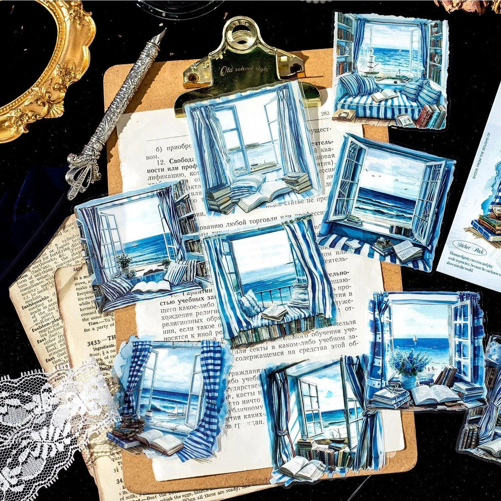 Retro window-themed journal stickers set with six different nature scene designs