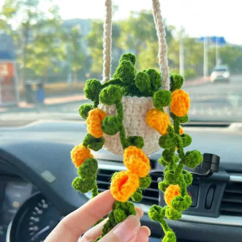 Green and white knitted car plant decoration with hanging rope on 8cm plastic base