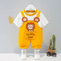 A yellow cotton baby overalls with a cartoon print, featuring short sleeves and openable straps.