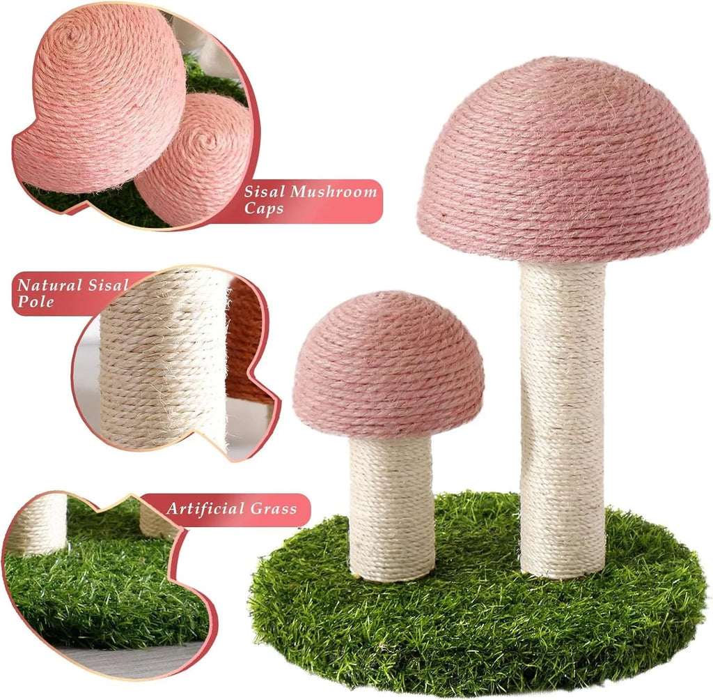 Pink mushroom-shaped cat scratching post with natural sisal scratching surfaces for small cats