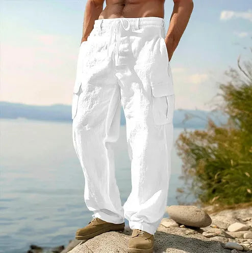Man wearing loose-fitting, solid-colour cotton wide-leg casual trousers.