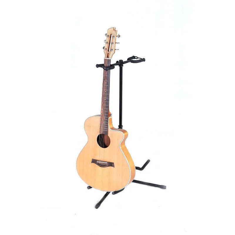 Black iron vertical guitar stand with two heads holding an electric and acoustic guitar.