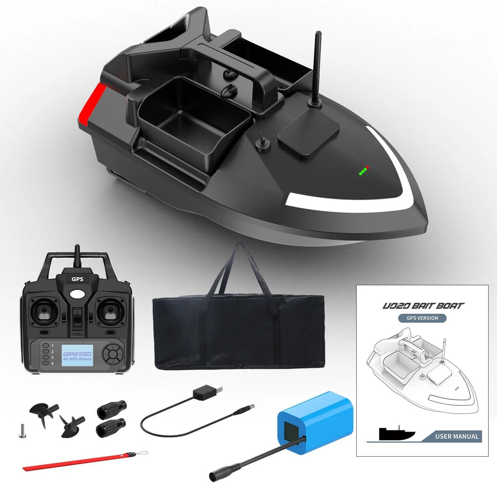 V020 GPS remote control fishing boat in black with remote control unit