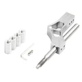 Adjustable gear lever car modification accessory in silver aluminium alloy and stainless steel on a dark background