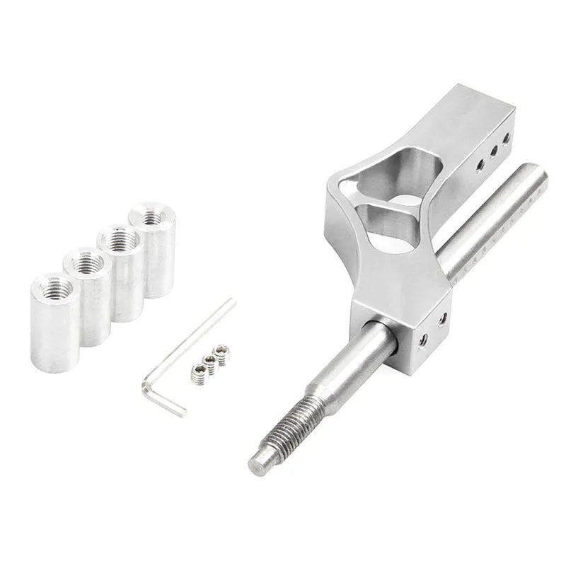 Adjustable gear lever car modification accessory in silver aluminium alloy and stainless steel on a dark background