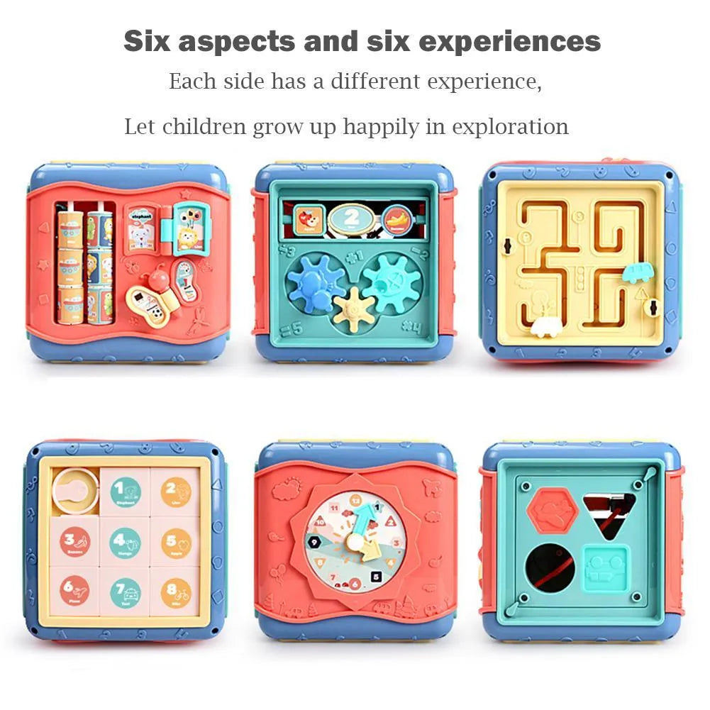 Colourful hexahedron educational cube with bead mazes, gears, numbers, and vehicle graphics