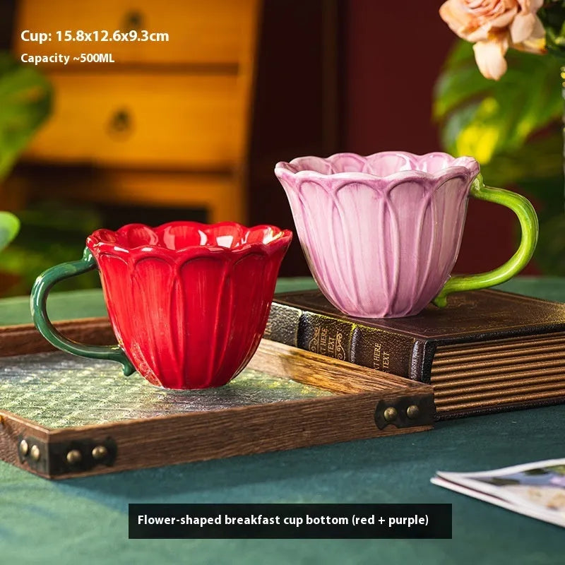 500ml ceramic breakfast cup with pastoral floral pattern and comfortable handle