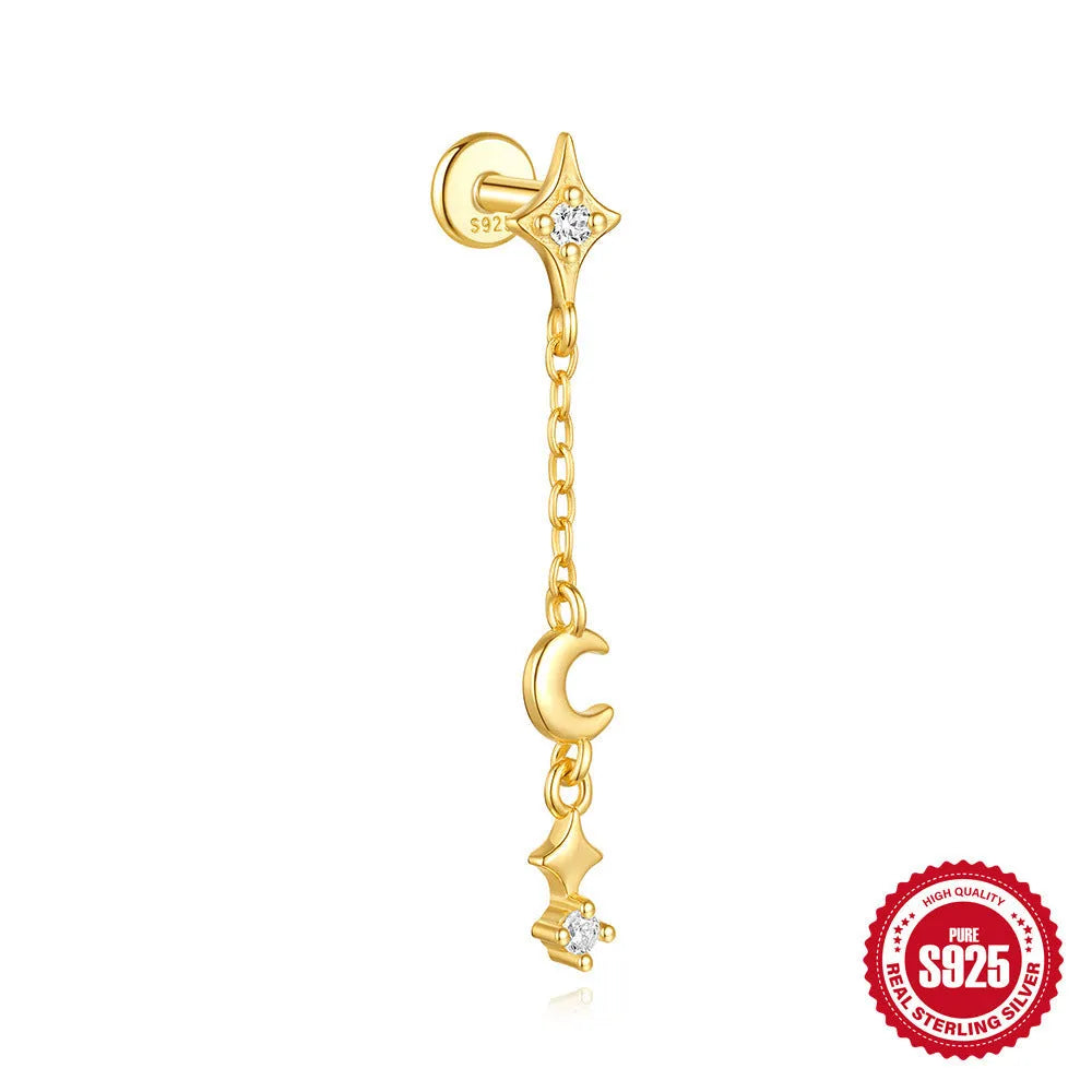 S925 sterling silver geometric moon and star earrings with embedded diamond detailing in gold tone finish