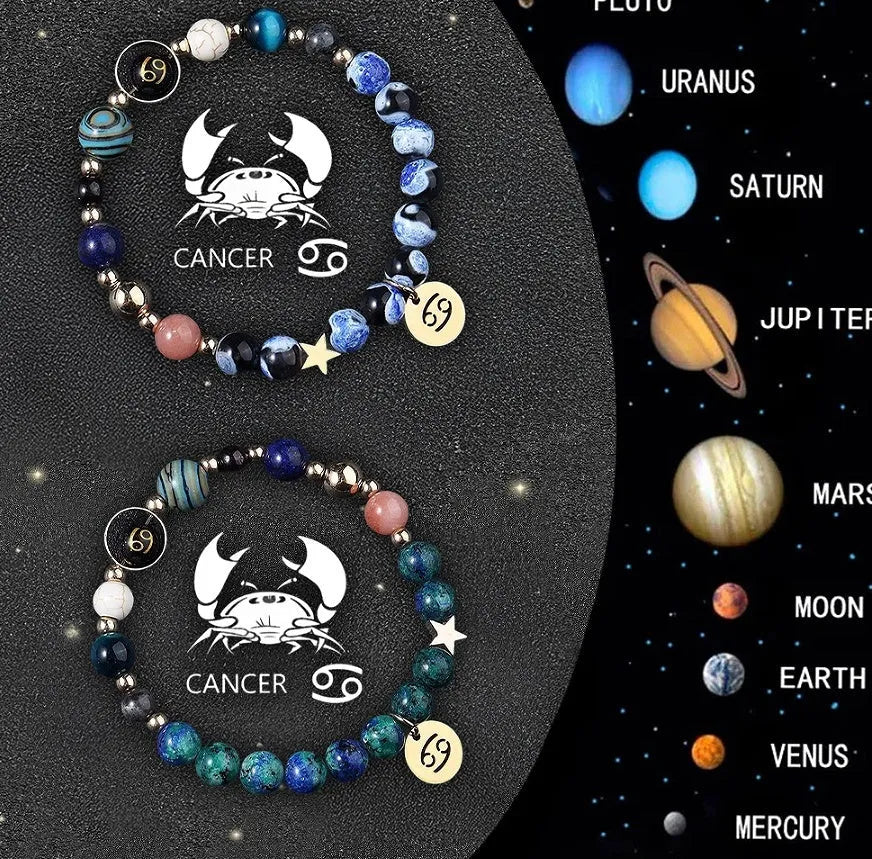 Natural stone zodiac bracelet set showing twelve astrology sign designs with mineral bead construction