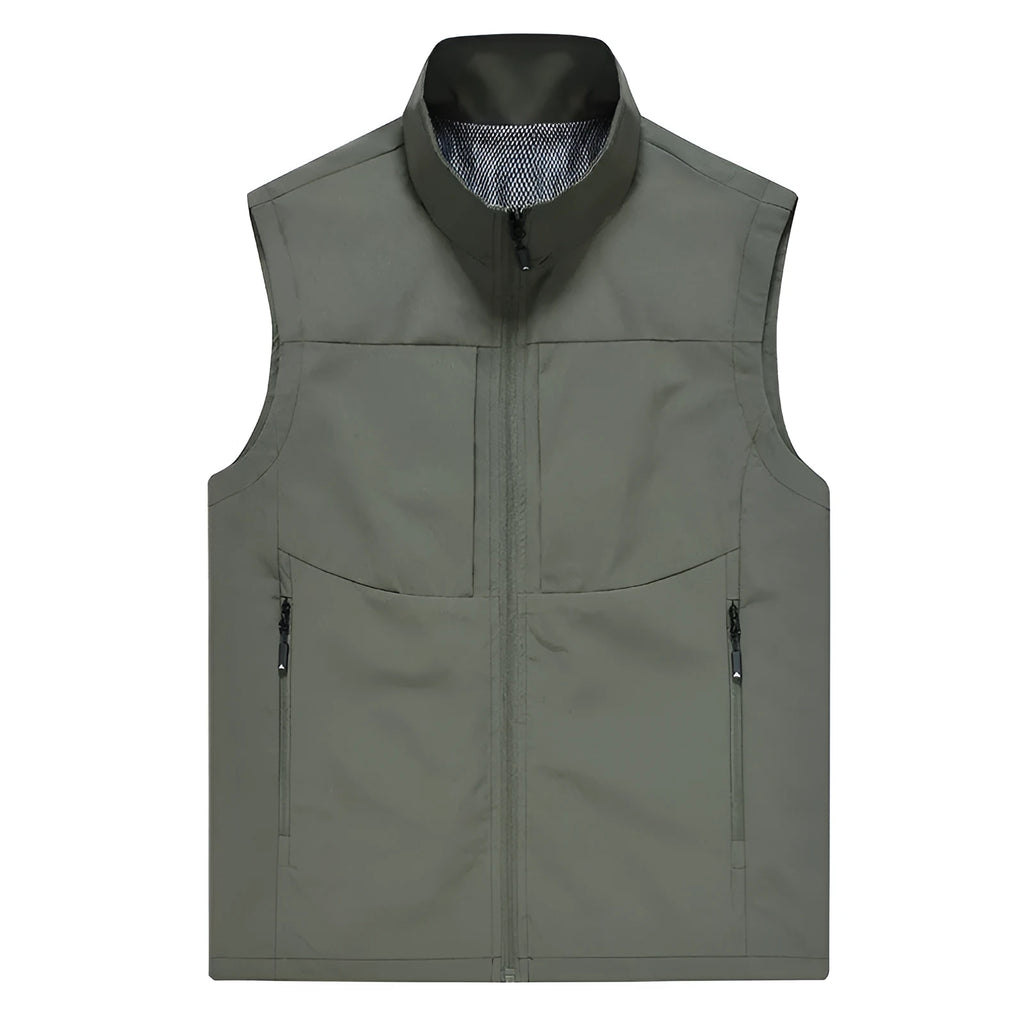 Men's khaki polyester cardigan vest with stand collar and zipper pockets for outdoor wear.