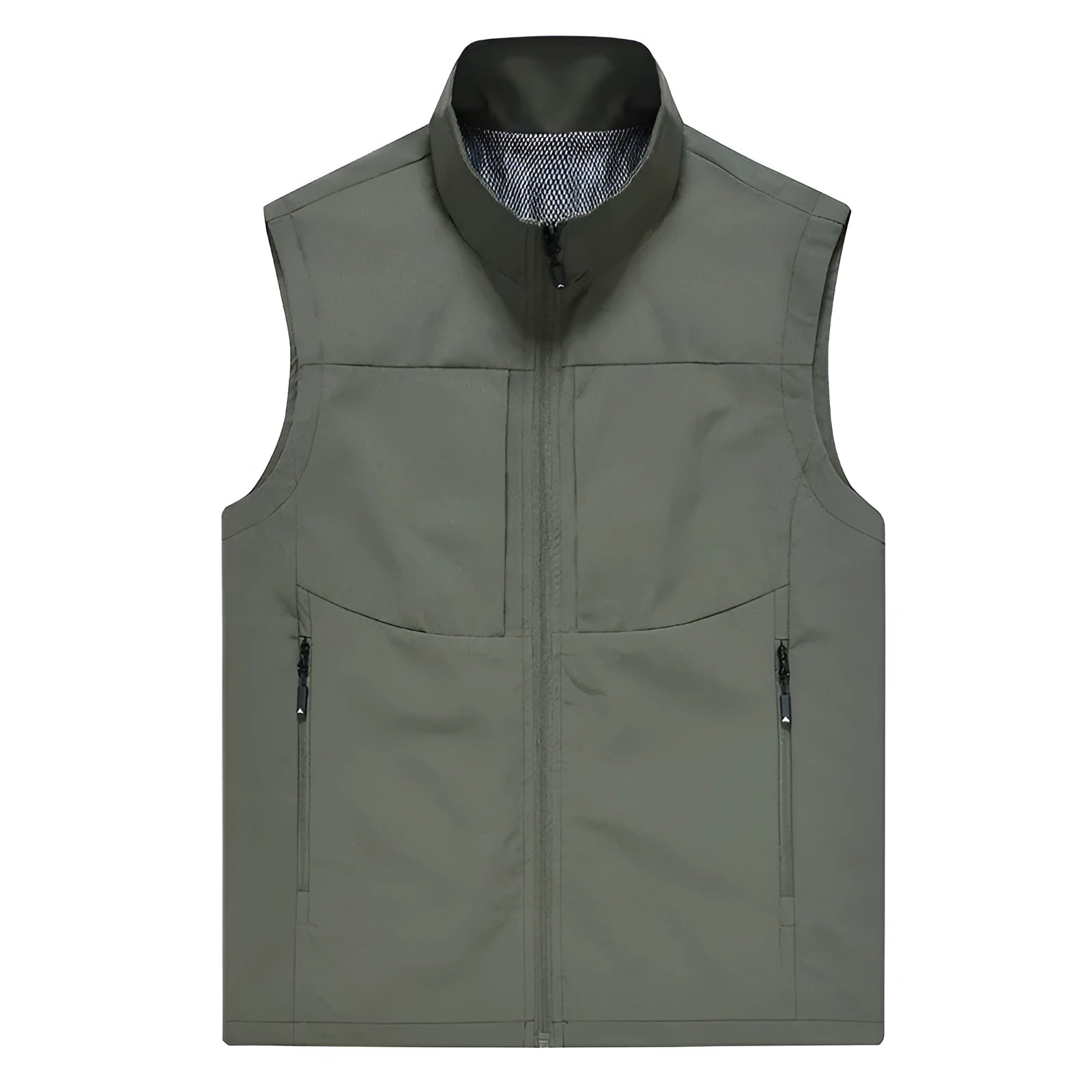 Men's khaki polyester cardigan vest with stand collar and zipper pockets for outdoor wear.