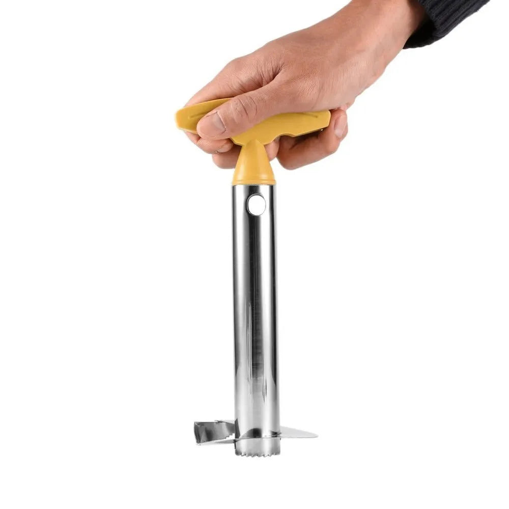 Stainless steel pineapple peeler with black handle and coring blade, 83.7 mm width, shown on white background