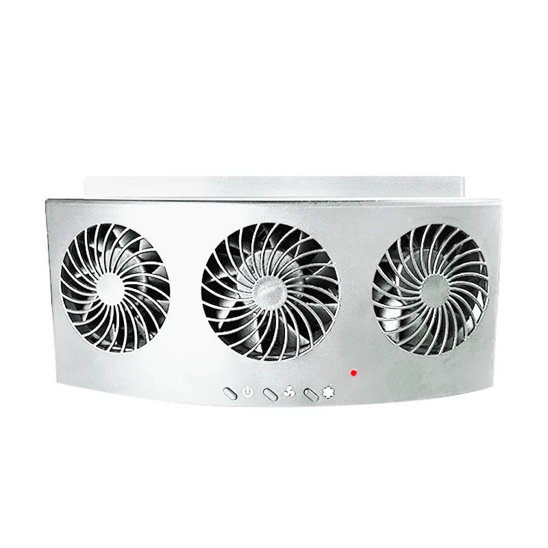 Black and white USB-powered car ventilation fan with 1.5 metre cable on a dashboard.