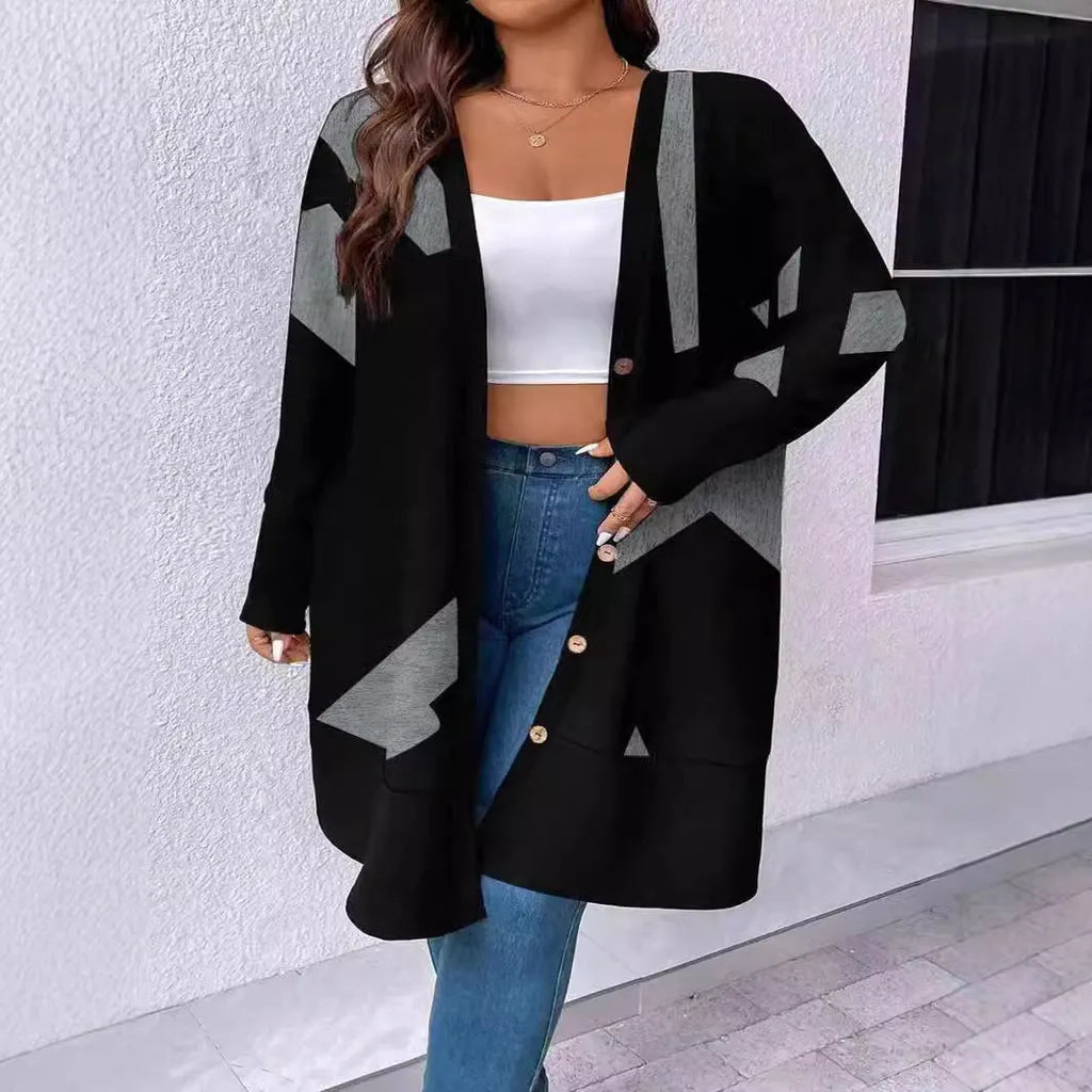 Black plus size knitwear cardigan coat with button stitching and loose casual fit