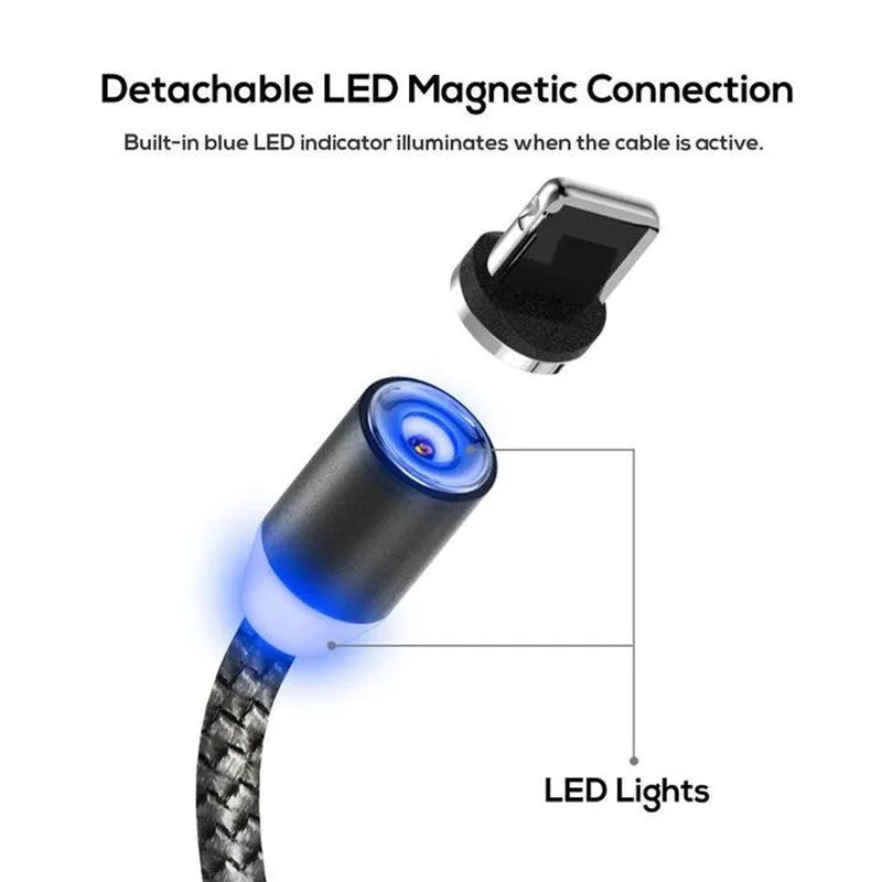 Magnetic charging cable with aluminium alloy construction and three magnetic plugs