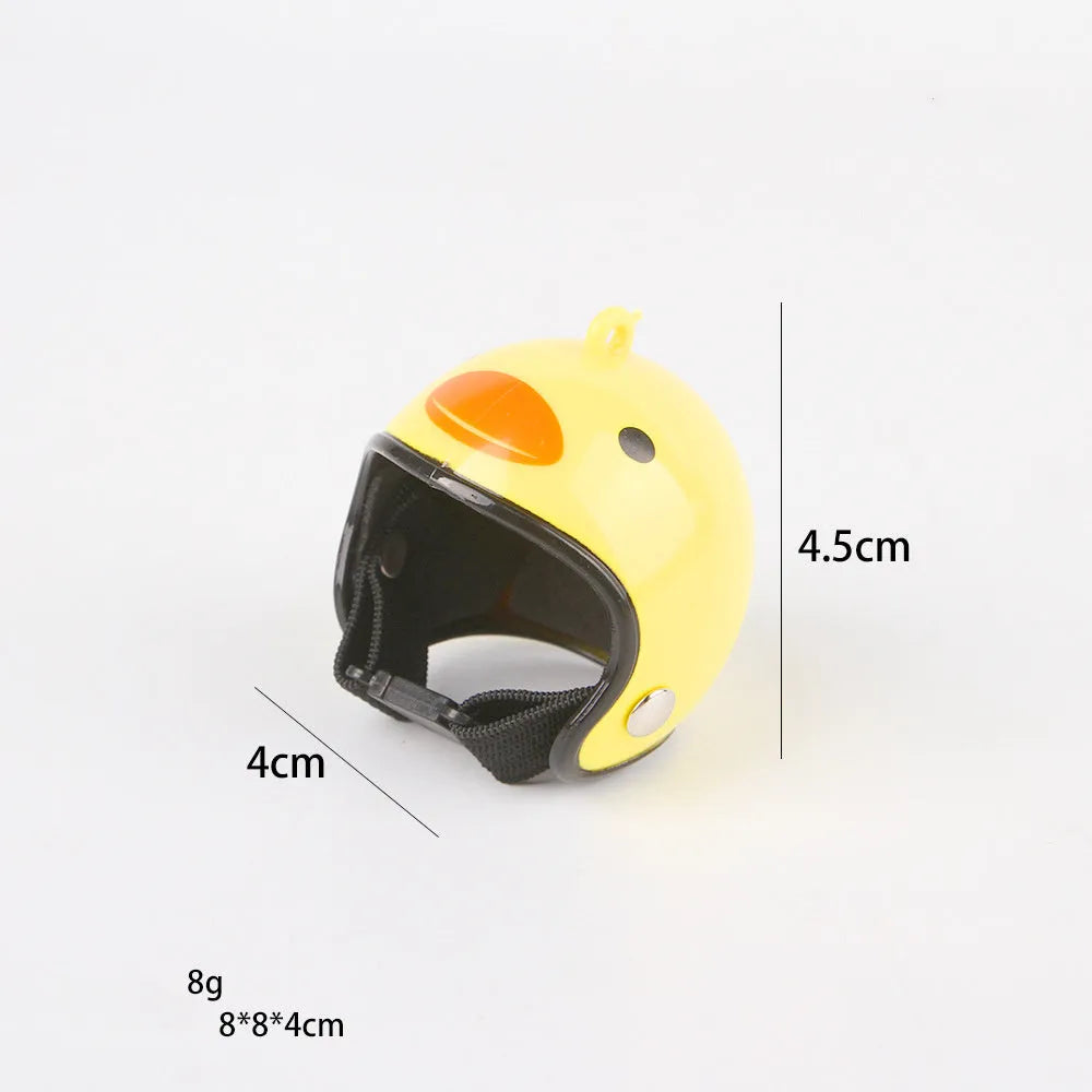 Small hard plastic helmet with elastic straps and sponge lining for a chicken or pet bird.