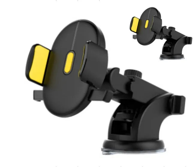 Yellow and black telescopic car phone holder with suction cup mount on textured dashboard