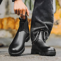 Vintage-style unisex Chelsea boot in frosted brown PU with car suture detail and a low horseshoe heel.