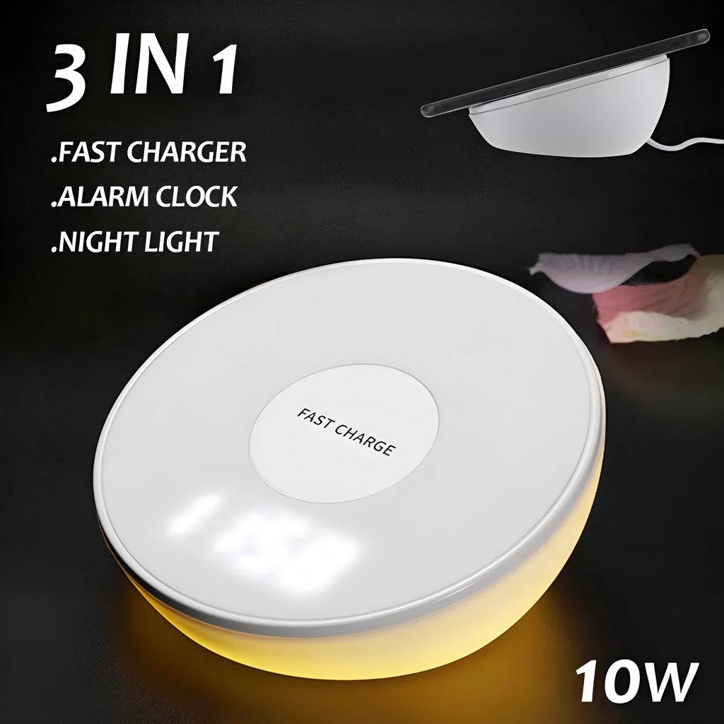 White wireless charger with digital clock display and three control buttons for mobile phones