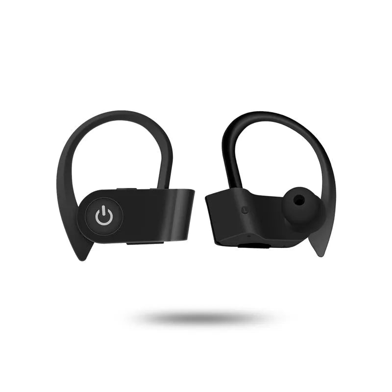 Black, grey, and red Bluetooth earphones with V5.0, showing ergonomic design and control buttons.