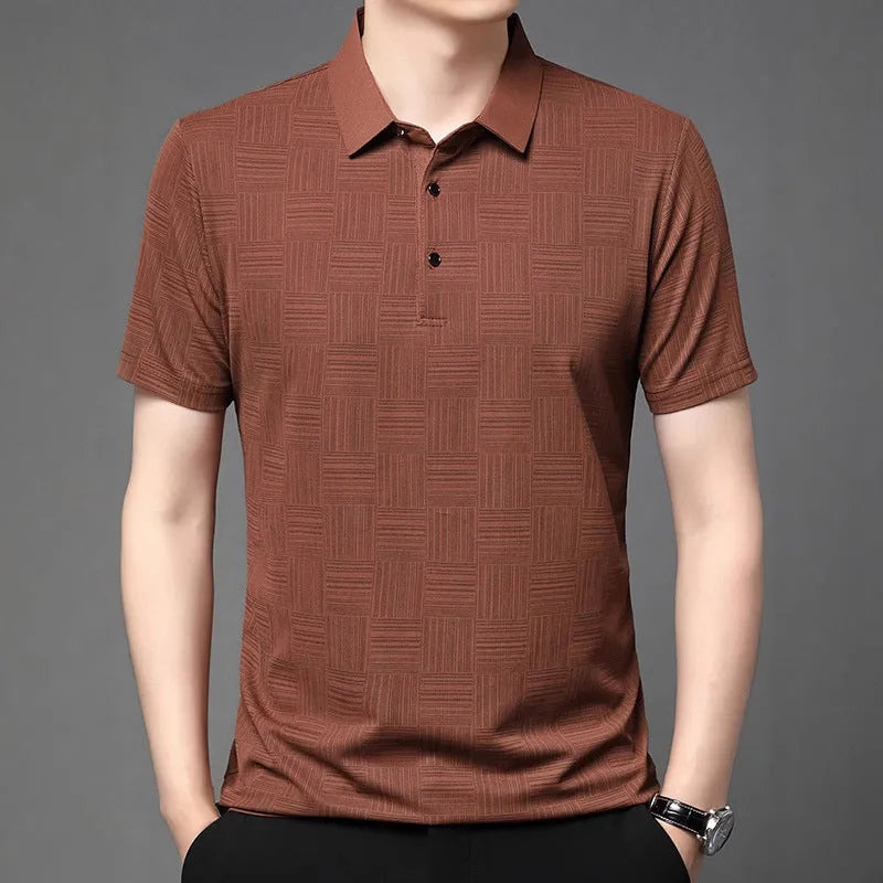 Men's lapel neck slim fit t-shirt in green, showing the casual collar design and lightweight fabric.