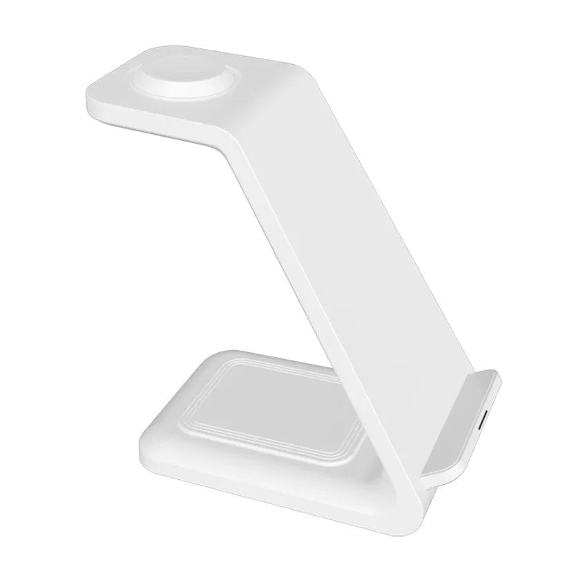 3-in-1 upright mobile phone holder wireless charger in black with Type-C cable on desk