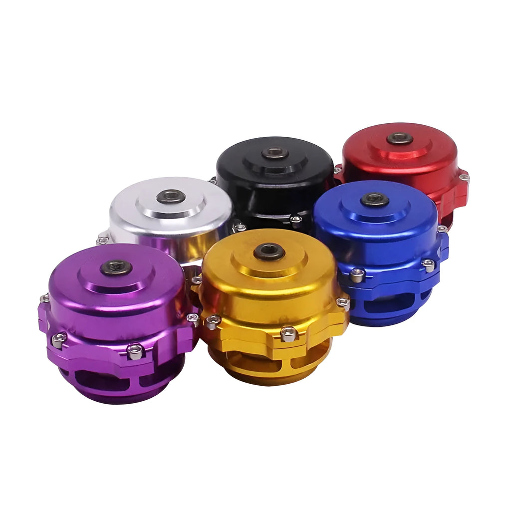 Aluminium alloy automotive blowdown valve in 50mm size, shown in available colours.