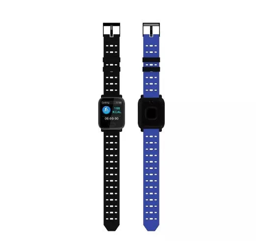 A6 smart bracelet with colour screen and blue silicone strap on a wrist