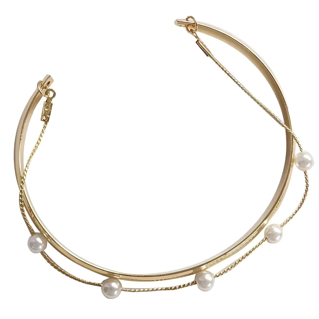 Double layered pearl coloured electroplating alloy bracelet, Korean style geometric design for women