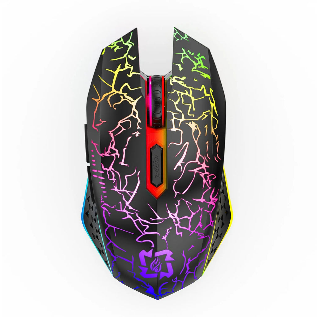 Black and white versions of a wireless gaming mouse with luminous breathing light on a desk with charging cable.