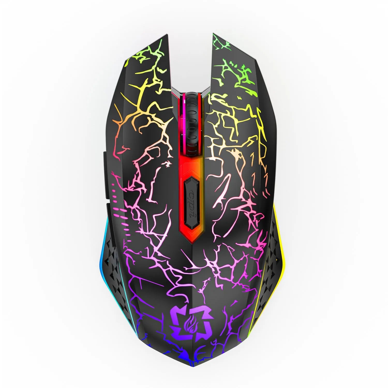 Black and white versions of a wireless gaming mouse with luminous breathing light on a desk with charging cable.